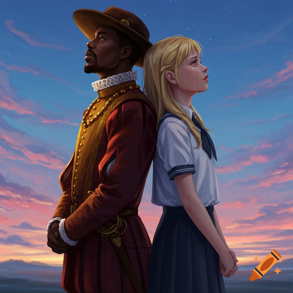 An emotional illustration of a 16th-century man and a blonde girl crying back to back under a sunset sky.