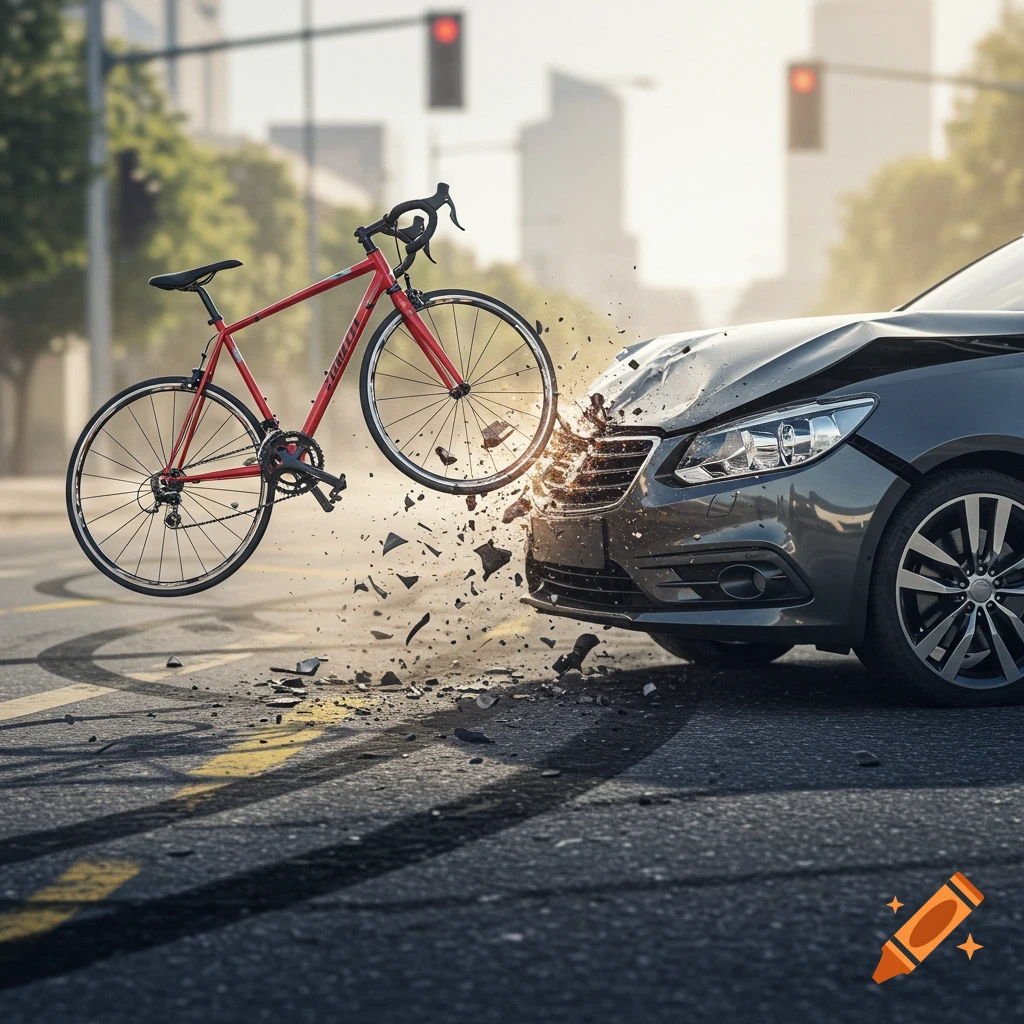 Photorealistic image of a red bicycle colliding with a dark gray car in an urban intersection, debris scattering from the impact.