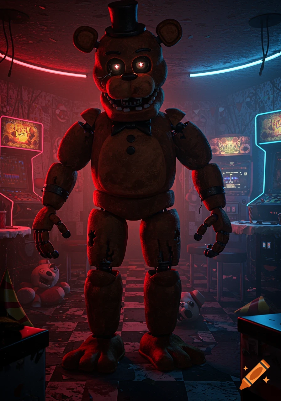 Freddy Fazbear animatronic stands in a dark, neon-lit arcade with red and blue lights, eerie glowing eyes.