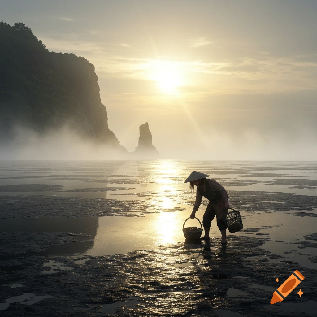 A person in a conical hat collects clams on misty mudflats at sunrise, with cliffs shrouded in fog in the distance.