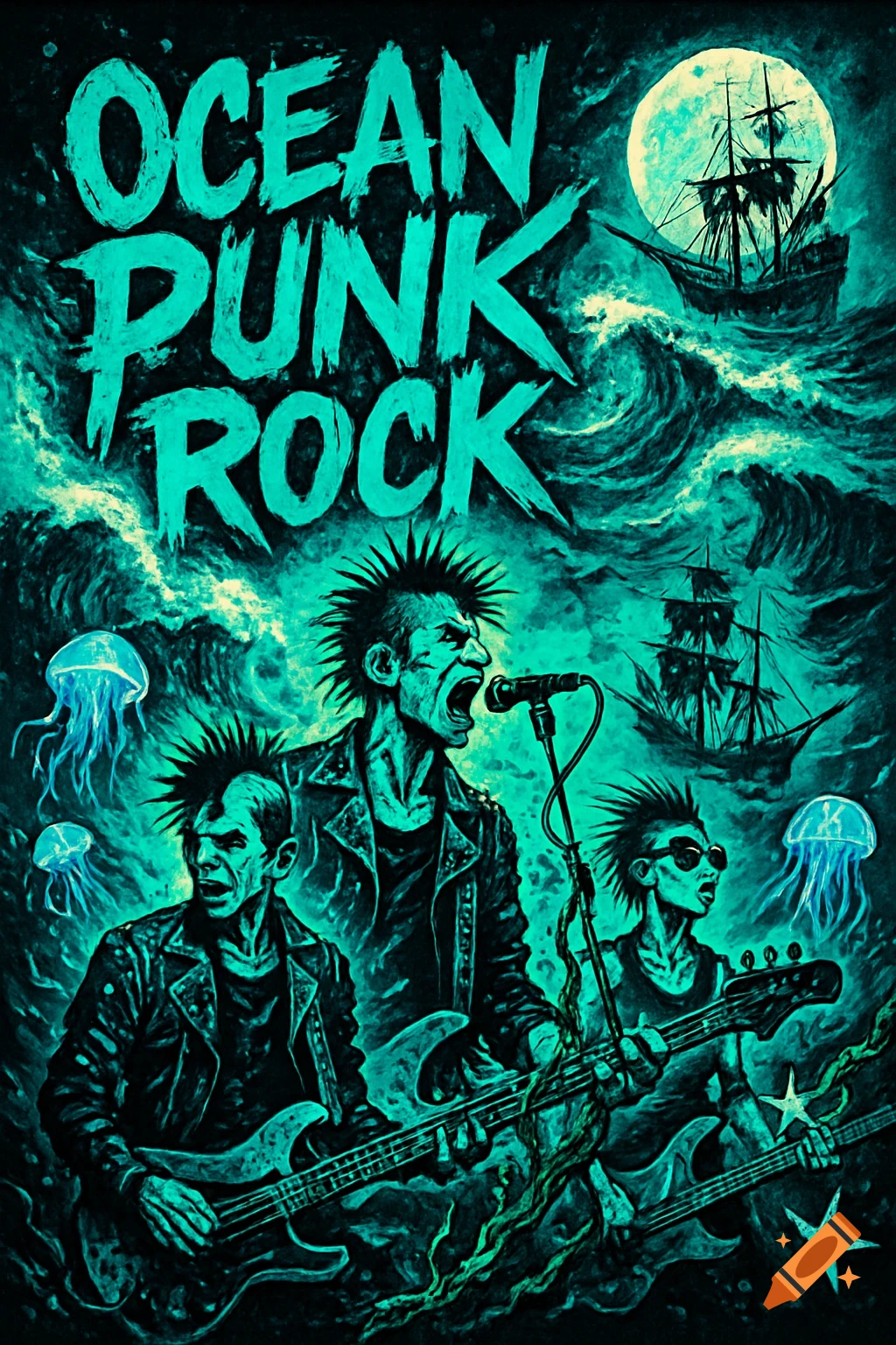 A dark teal and black punk rock poster. A band plays on stormy ocean waves with ships, jellyfish, and a full moon. Text: OCEAN PUNK ROCK.