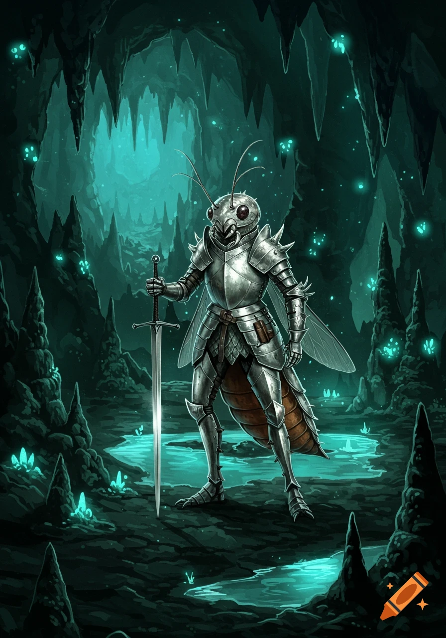 An insectoid knight in silver armor, holding a sword, stands in a ...