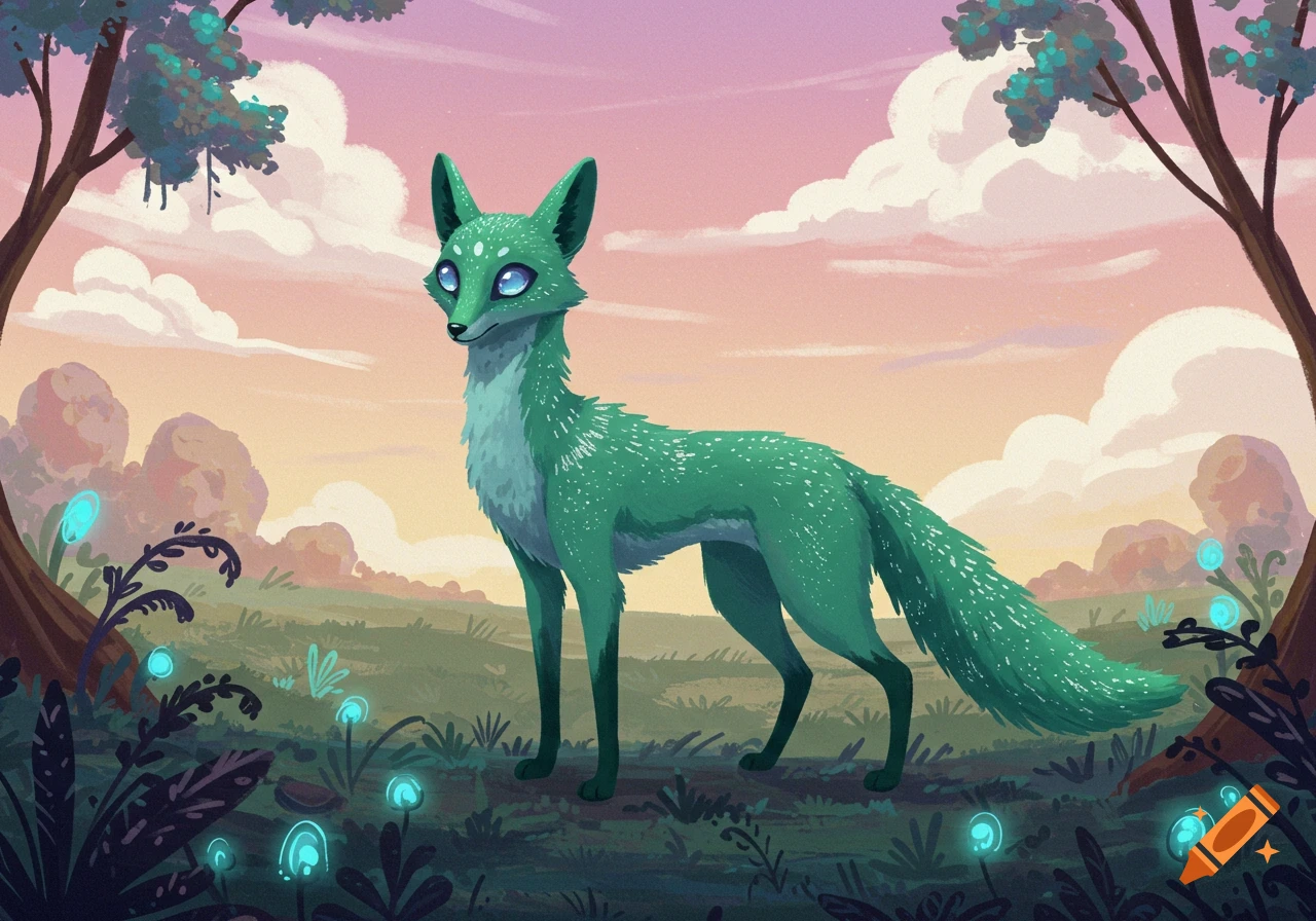 A stylized green fox-like creature with bright blue eyes stands in a vibrant, alien-like landscape with glowing plants and pink-hued clouds.