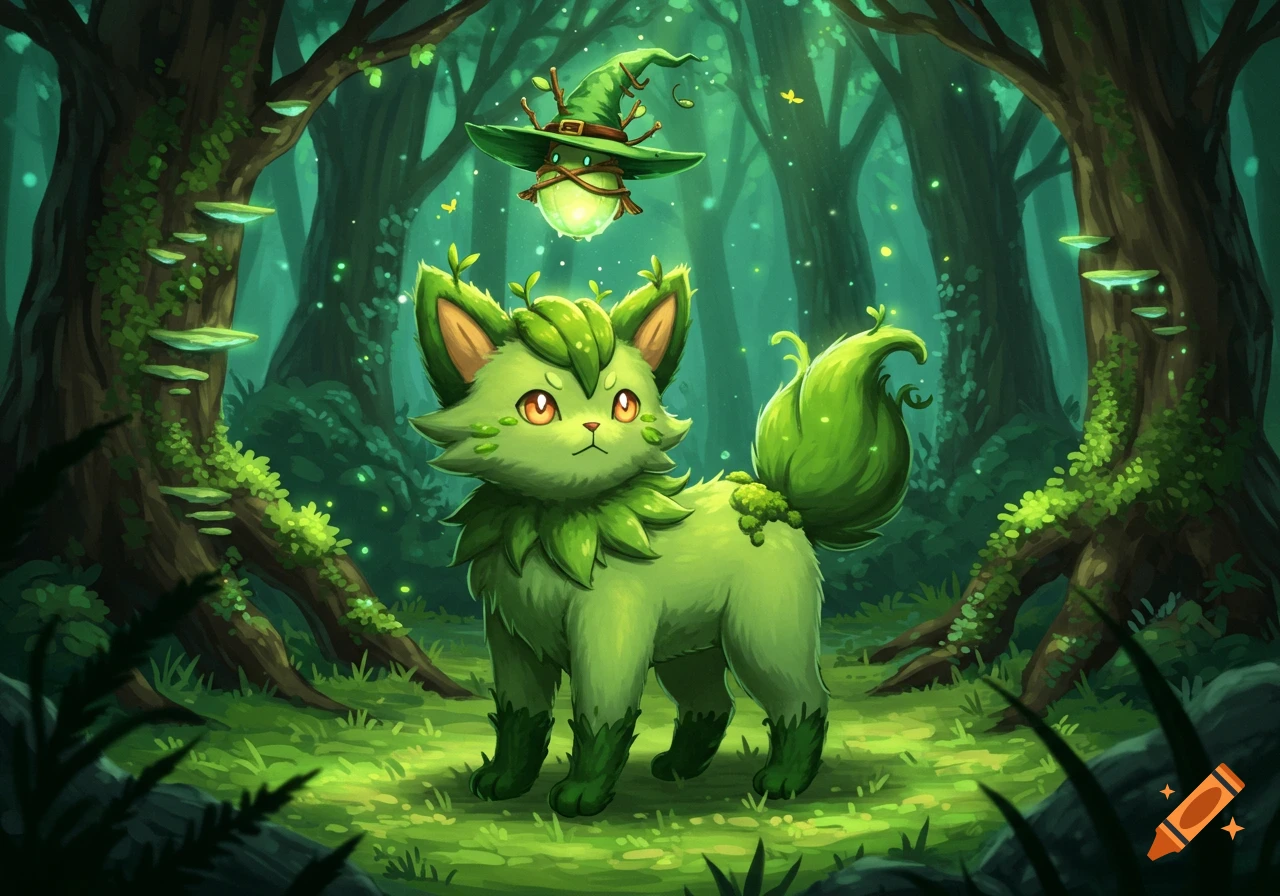 A cute green grass-type cat-like creature with glowing eyes stands in a magical forest, with a floating witch hat above it. Digital art.