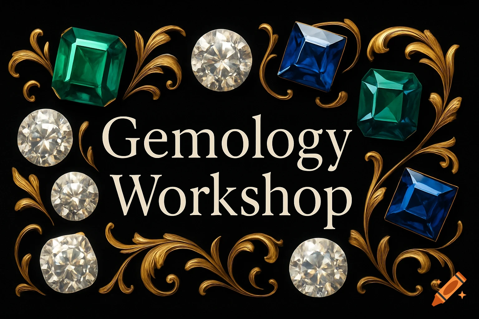 Gemology Workshop text surrounded by diamonds, emeralds, and sapphires with gold filigree on black.