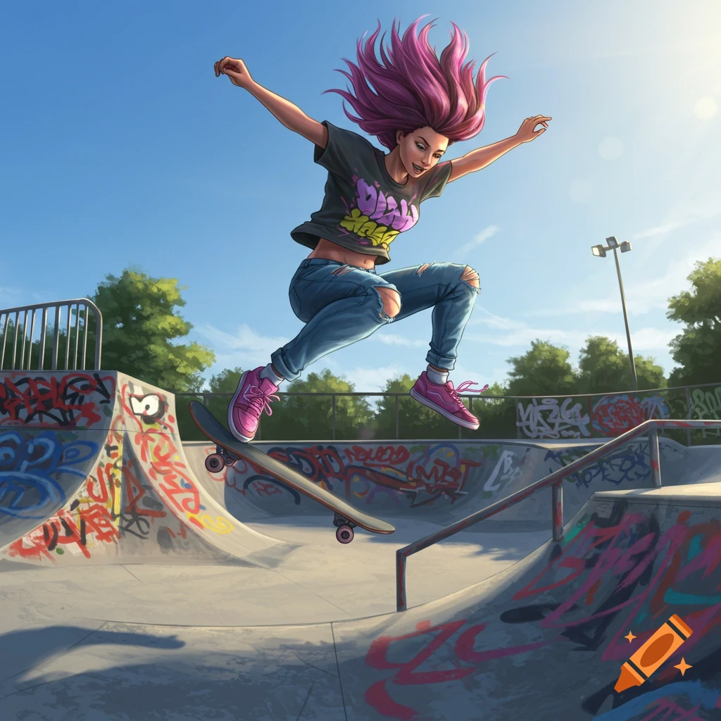 A young woman with pink hair jumps on a skateboard in a graffiti-covered skatepark under a blue sky, in a vibrant drawing style.