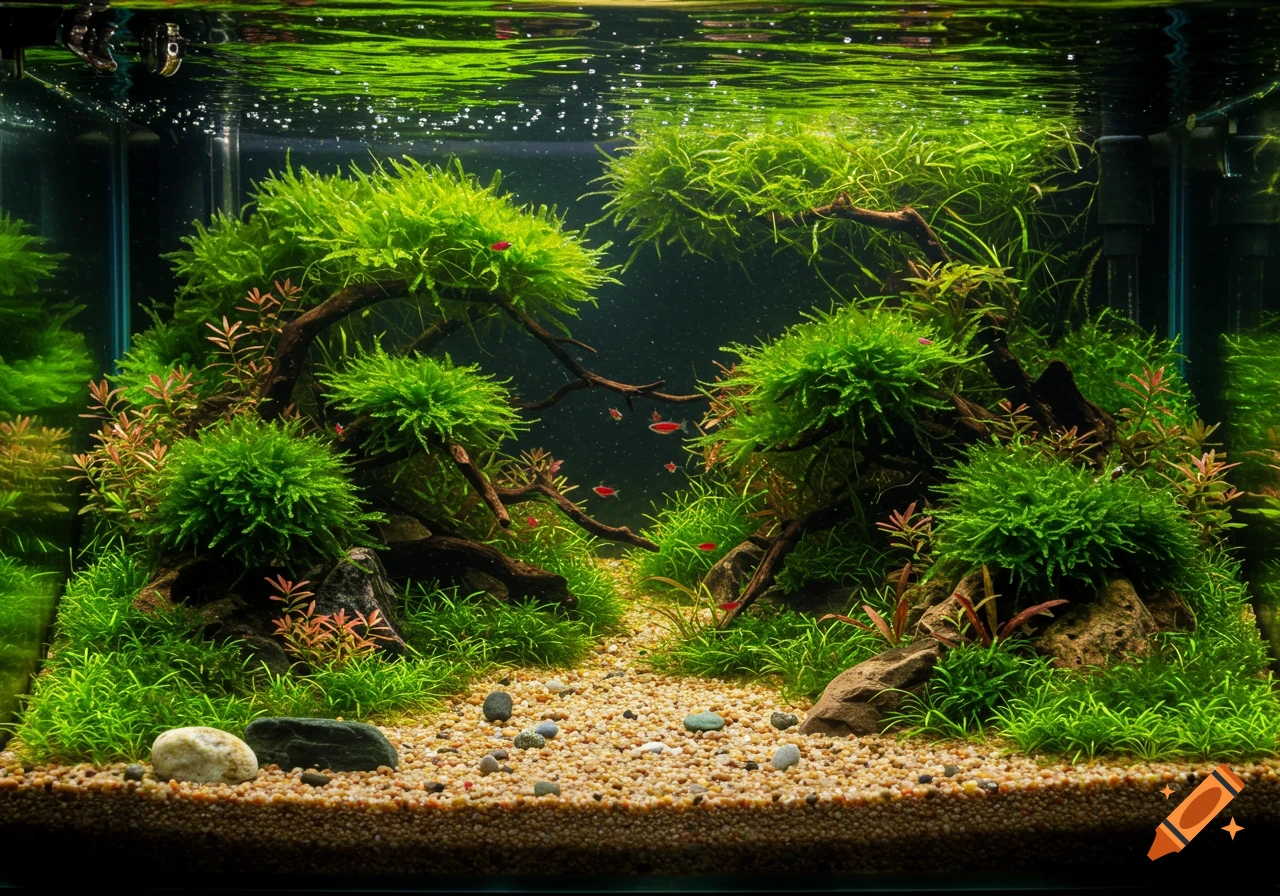 Photorealistic heavily planted aquarium with lush green plants, small red fish, rocks, and a gravel path.