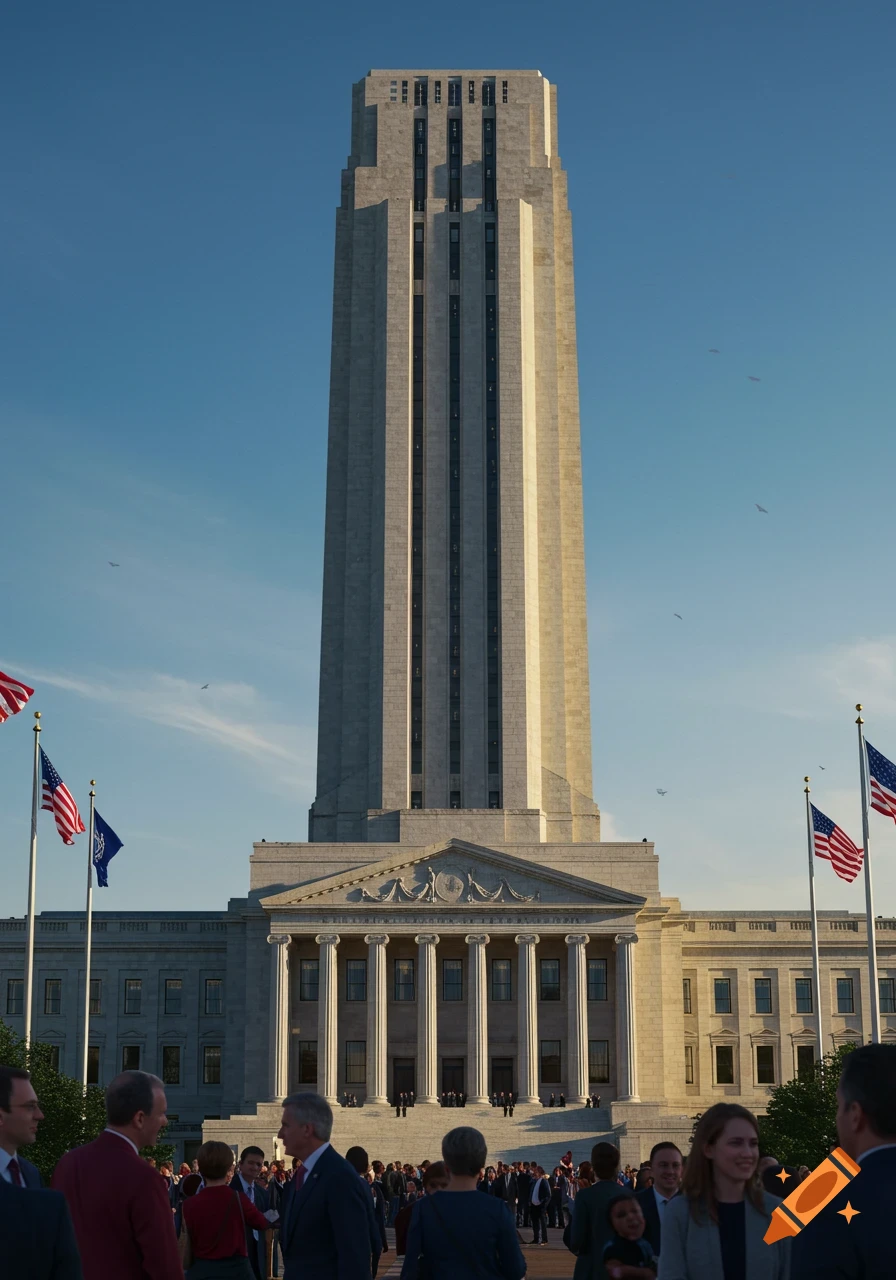 A towering, neo-classical government building with a large crowd gathered below, flanked by American flags on a sunny day.