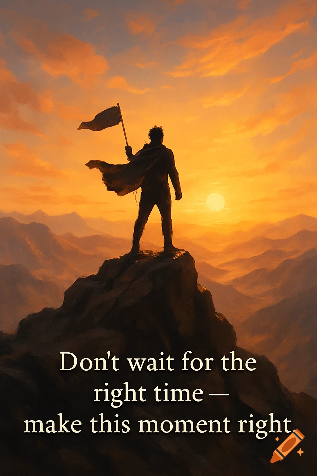 Person on a mountain peak holding a flag, silhouetted against a vibrant orange and yellow sunrise with inspirational quote.