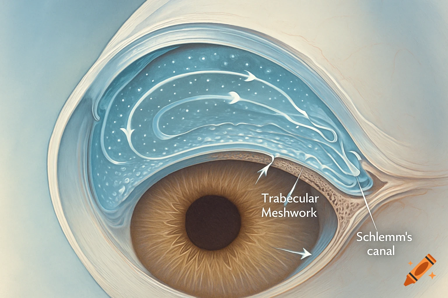 An anatomical cross-section diagram of a human eye, illustrating the aqueous humor circulation through the trabecular meshwork and Schlemm's canal.