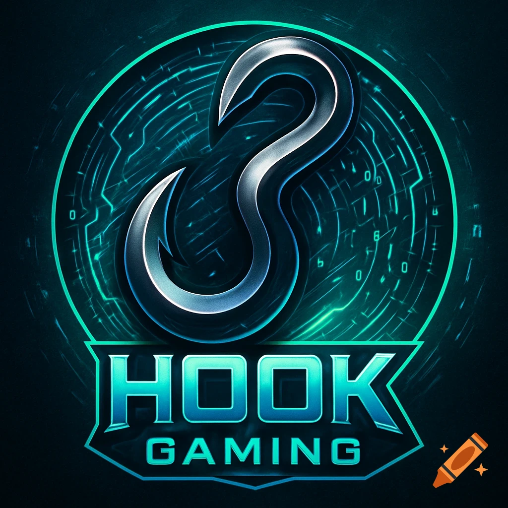 A gaming logo featuring a metallic silver hook symbol within a glowing teal circuit circle, with 'HOOK' and 'GAMING' text below.