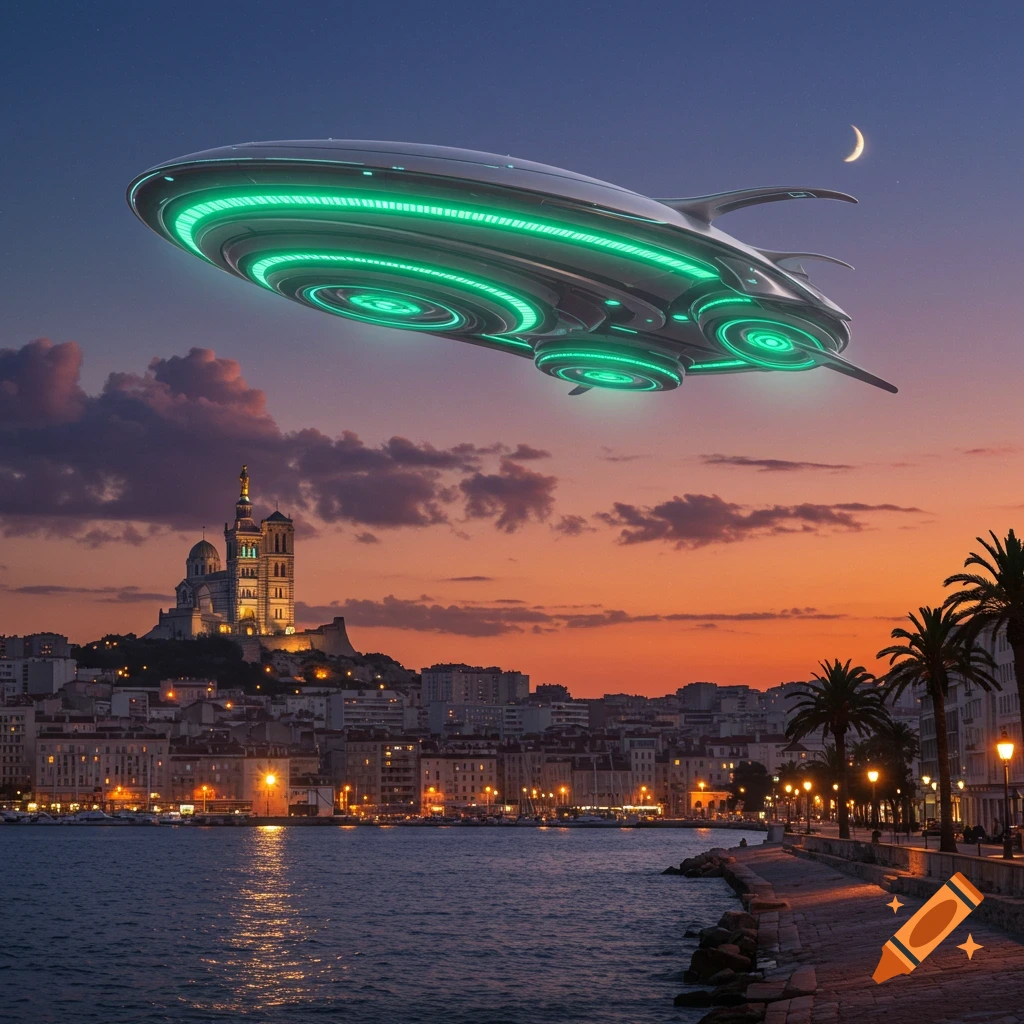A glowing futuristic UFO hovers over Marseille at sunset, with city lights, Notre-Dame de la Garde, and a crescent moon.