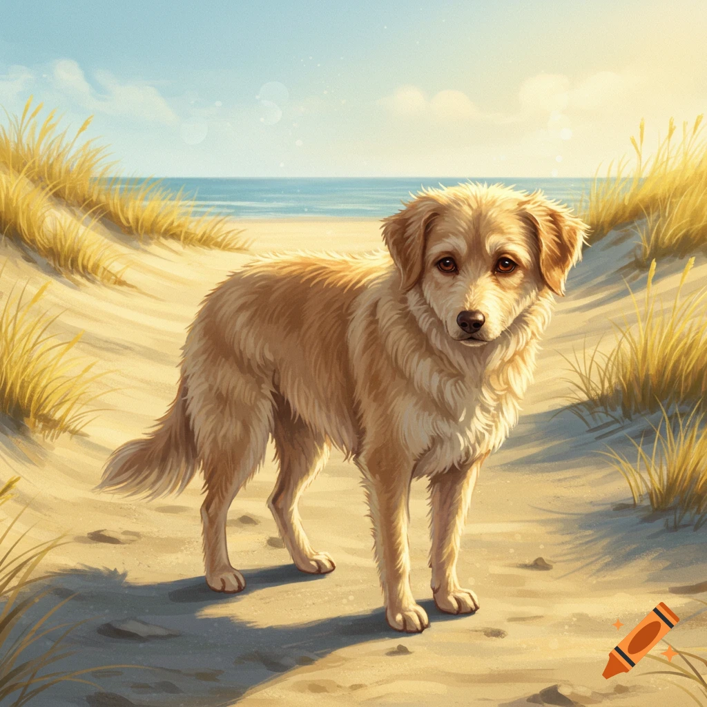 Sand Color Dog A shaggy, sandy-colored dog stands on a sunny beach path between grassy ...