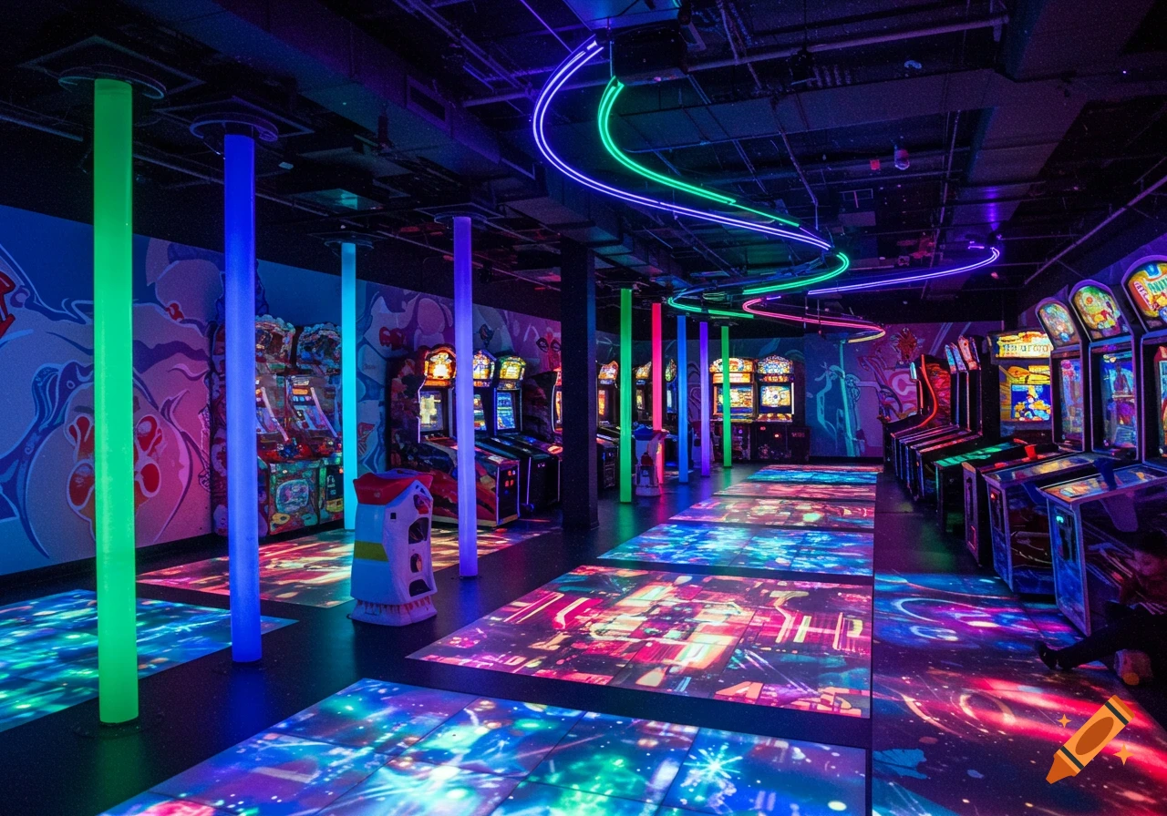 A vibrant, neon-lit indoor arcade with colorful glowing pillars, illuminated floor panels, and rows of classic arcade machines along the walls.