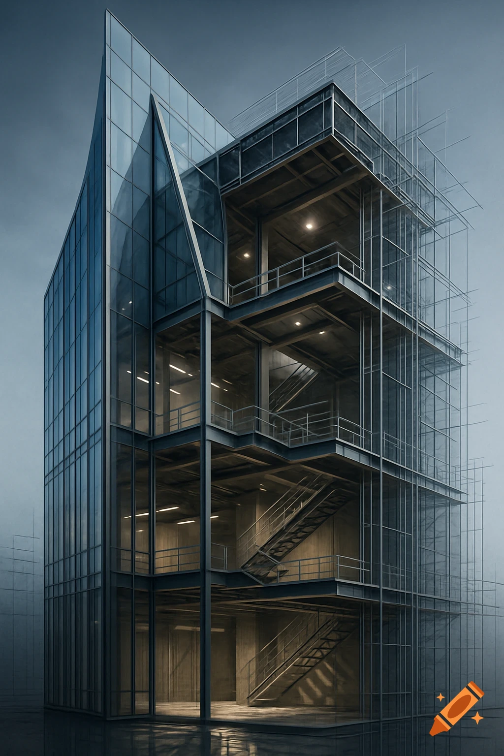 View of Modern glass and steel building showing layered interior and wireframe ...