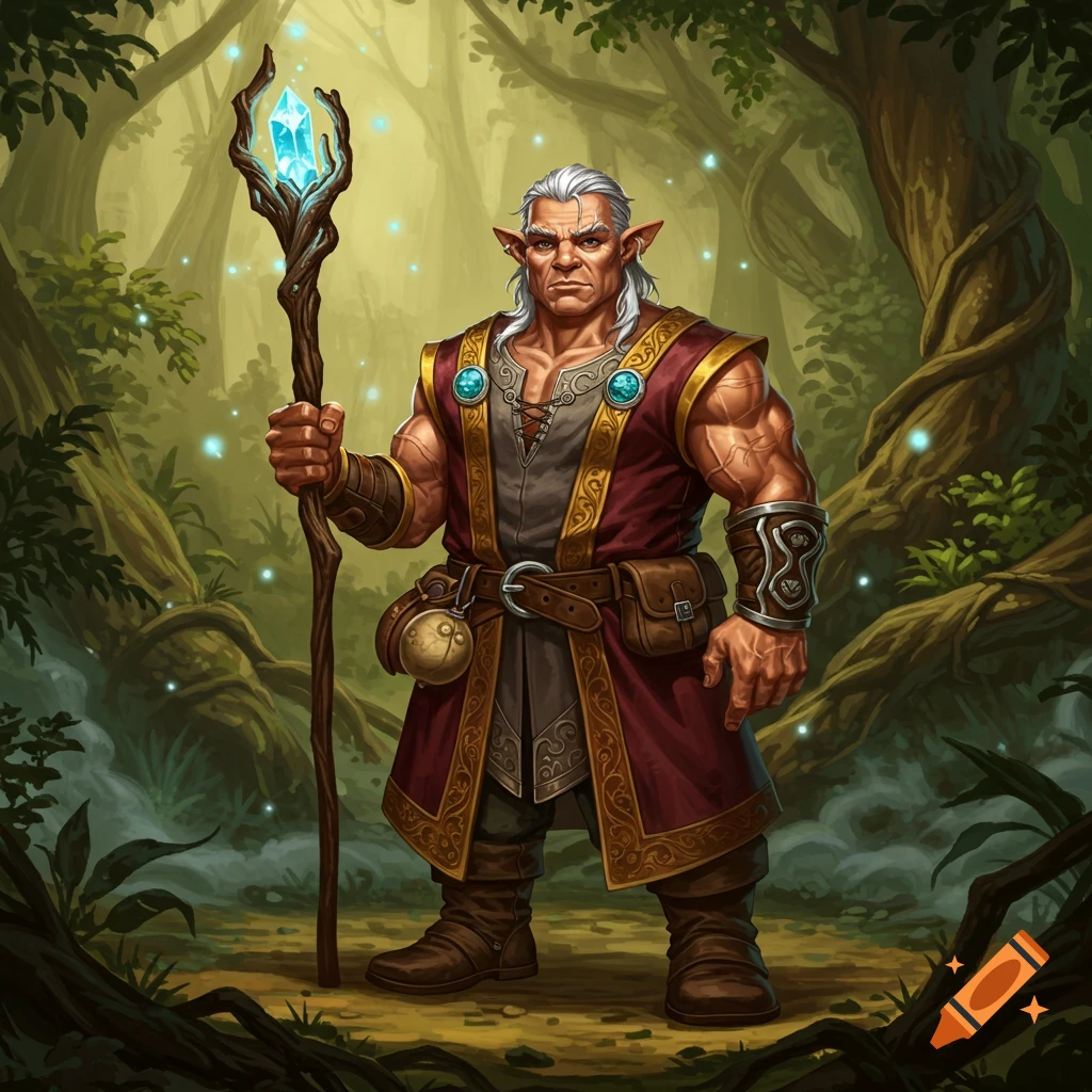 Muscular, middle-aged male wizard with white hair and pointed ears, holding a glowing crystal staff in a magical forest, digital painting.