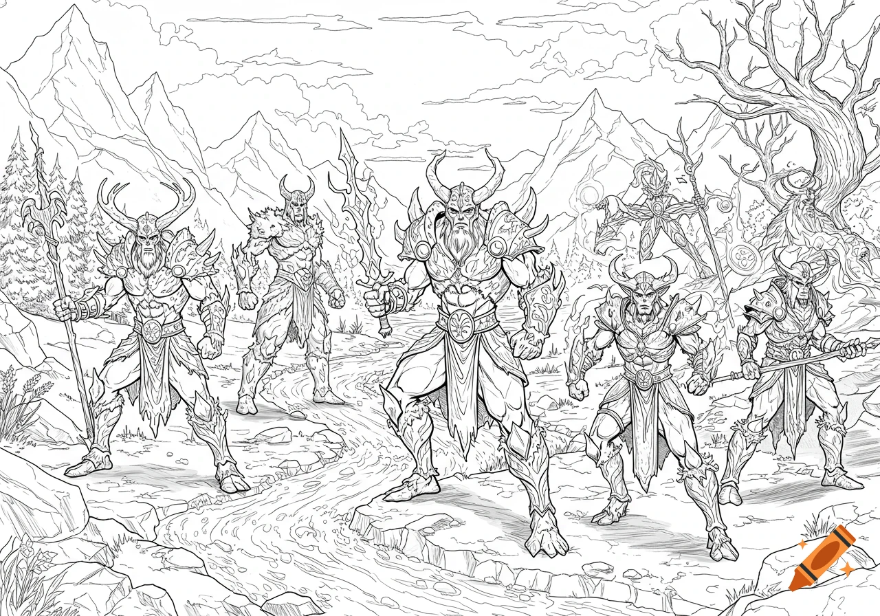 Detailed line art of six armored fantasy warriors with horns and weapons standing in a mountainous landscape with a river, in a coloring book style.