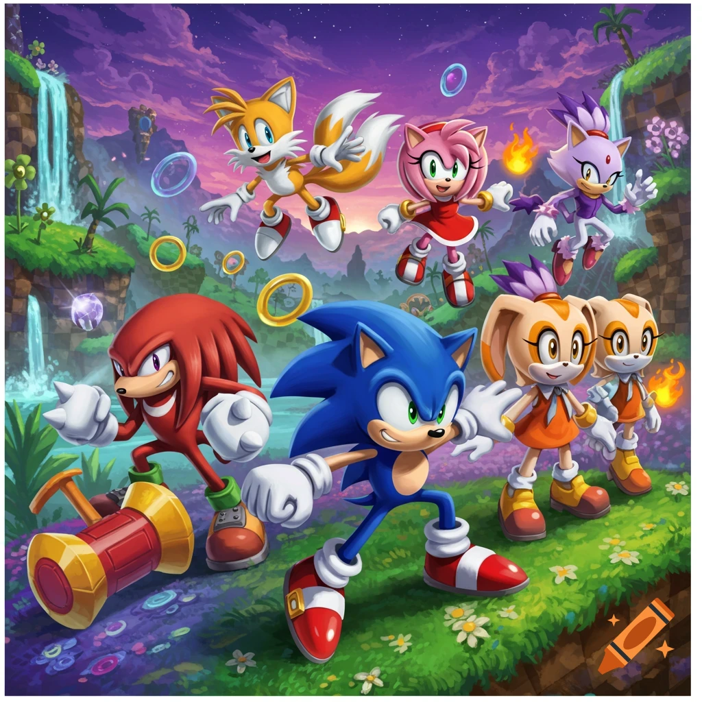 A vibrant illustration of Sonic, Tails, Knuckles, Amy, Cream, and Blaze posing in a lush green landscape with waterfalls and a purple sky.