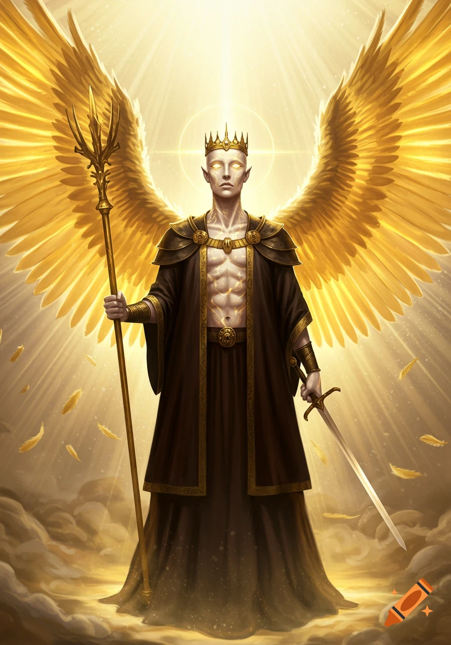 An androgynous angelic figure with golden wings, crown, glowing skin, holding a scepter and sword, illuminated by golden light.