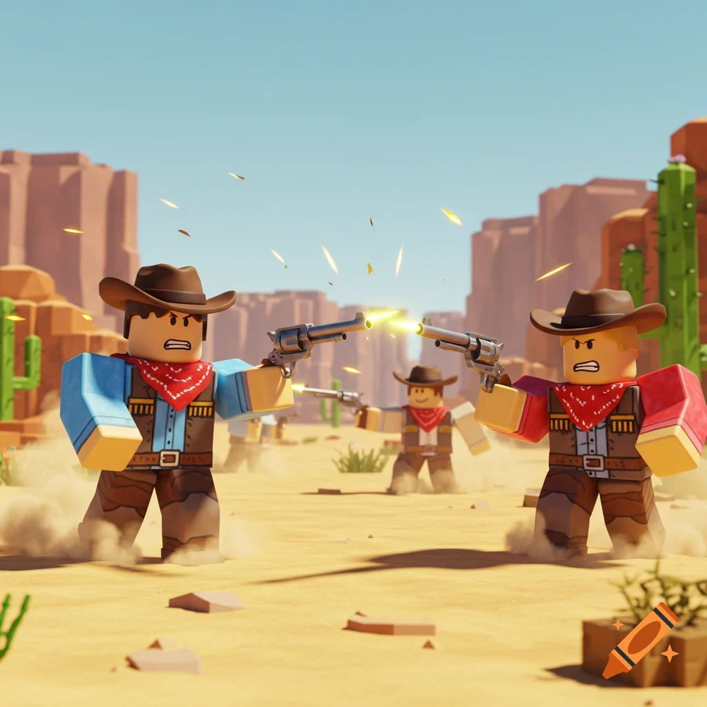 Roblox cowboys in a desert canyon shootout, firing revolvers at each other in a 3D cartoon style.