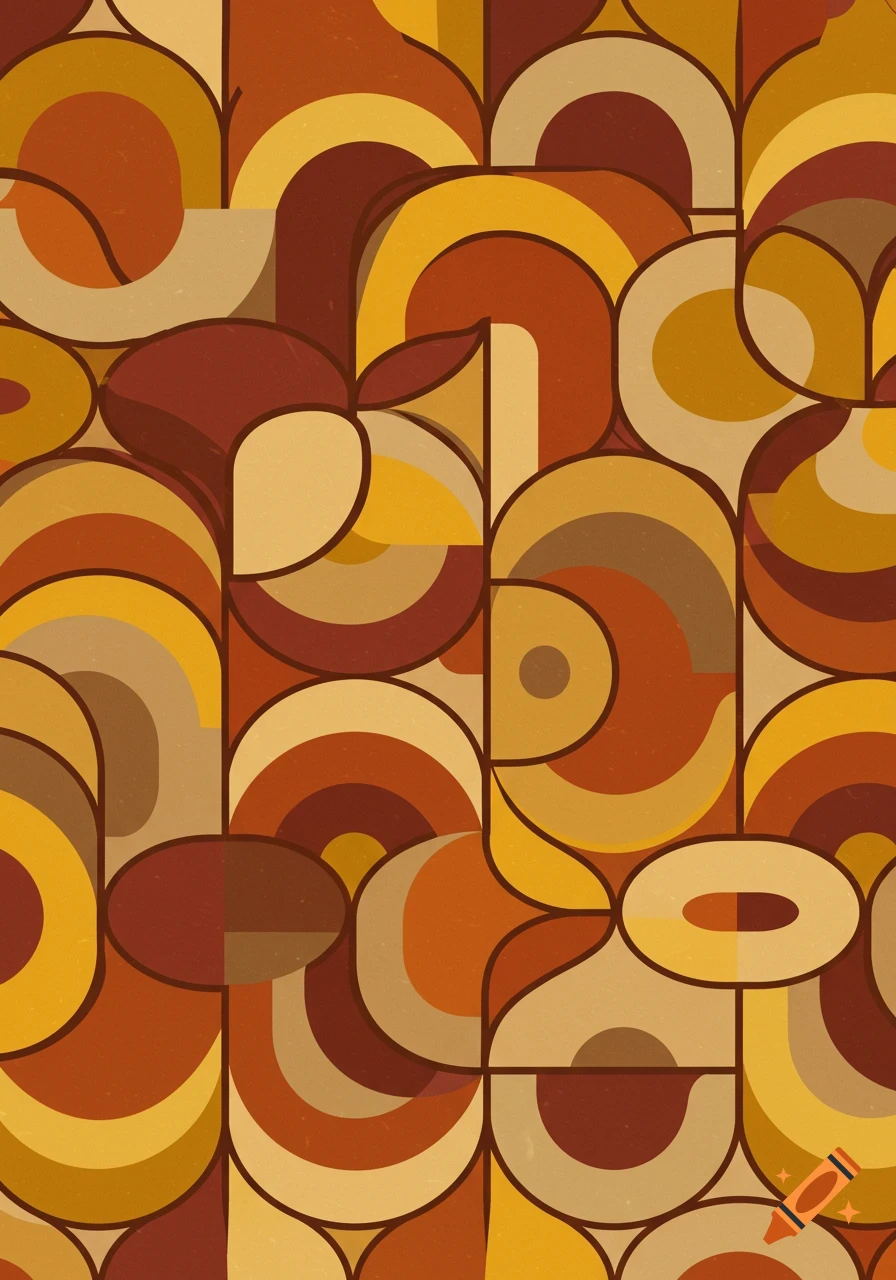 A seamless pattern of interlocking rounded geometric shapes in shades of golden yellow, muted rust, beige, and chocolate brown, in a 1970s retro style.