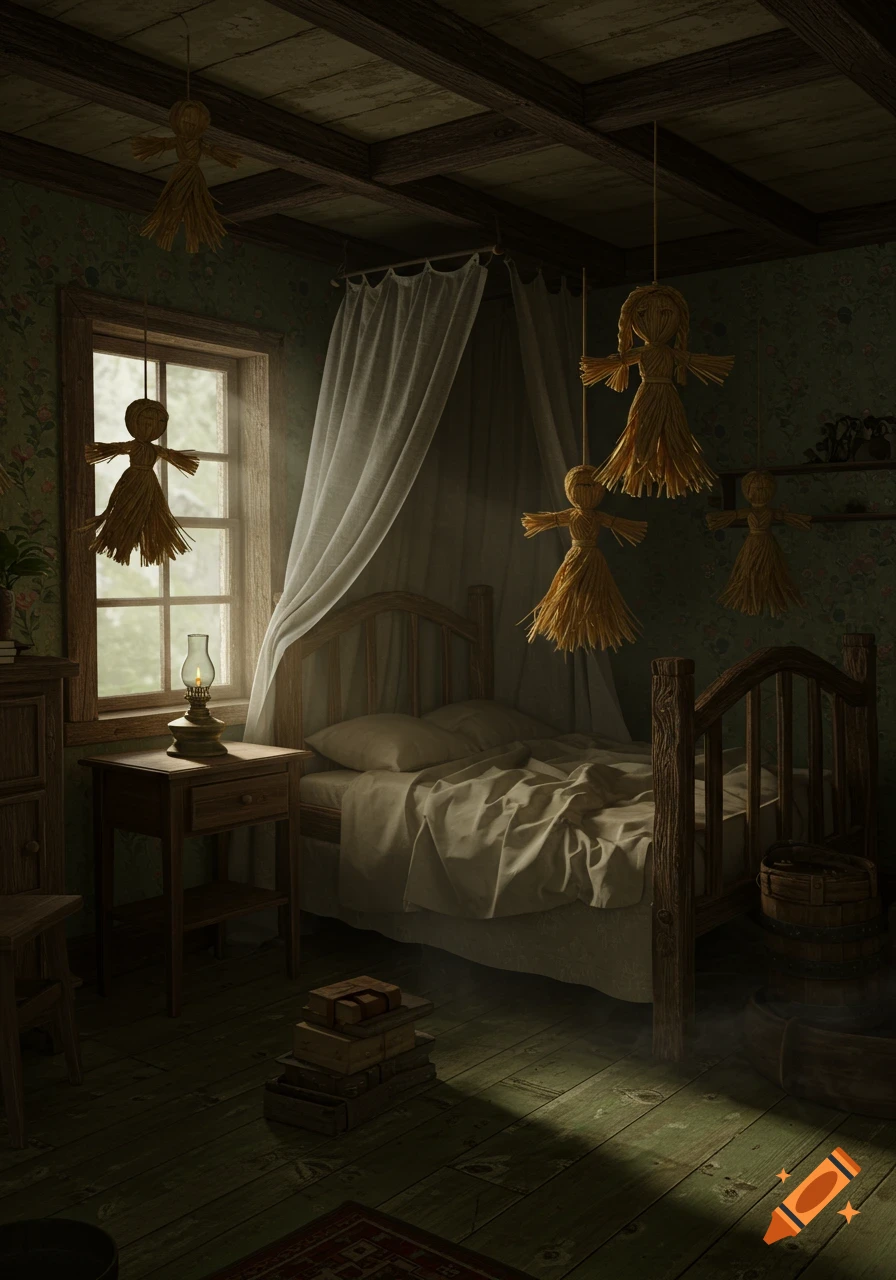 A dimly lit rustic bedroom with a wooden bed, nightstand, and window. Several straw dolls hang from the ceiling and near the window. Photorealistic.