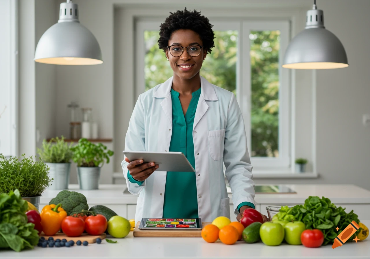 A smiling Black woman in a lab coat holds a tablet, standing in a kitchen with a counter full of fresh fruits and vegetables.