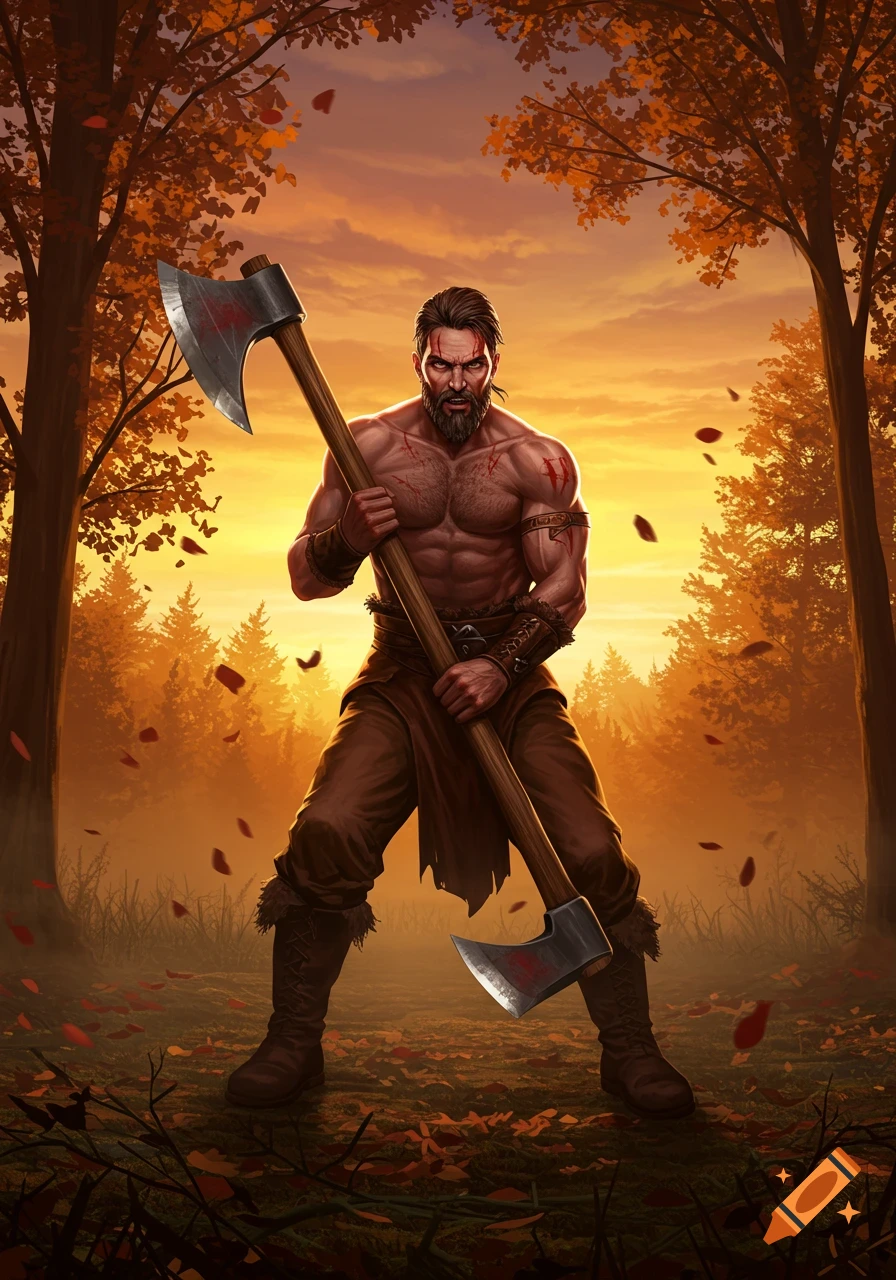 Muscular bearded warrior holding a large axe in an autumn forest at sunset, digital illustration.