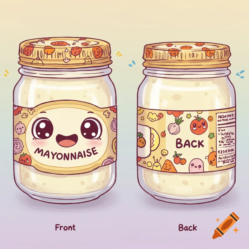 Two cute cartoon mayonnaise jars, front and back views, with big eyes on the front label, surrounded by tiny fruits and vegetables.