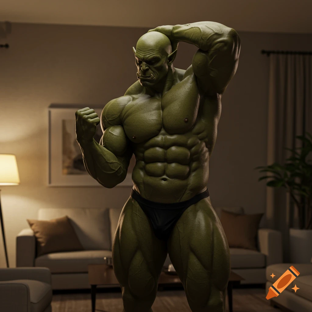 A muscular green orc in a black jockstrap poses in a quiet living room, flexing one arm and looking down.