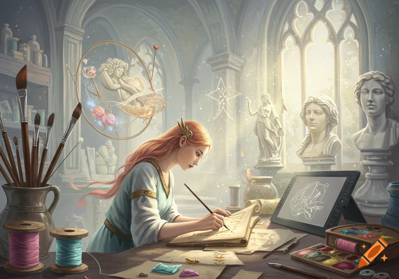 A red-haired woman draws on a scroll in a sunlit fantasy art studio with brushes, spools, ancient sculptures, and a glowing magical aura.