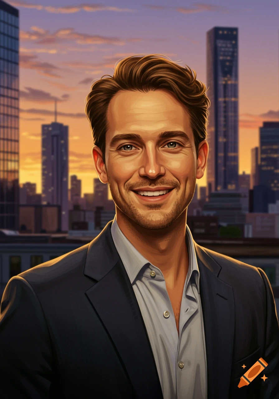 Digital art portrait of a smiling man in a suit against a city skyline ...