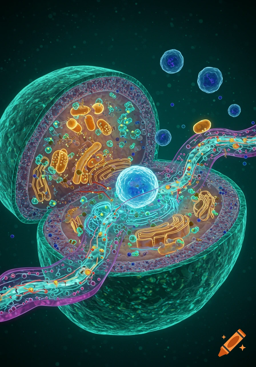 Vibrant 3D illustration of a cross-section of a cell, showing a nucleus, organelles, and active metabolic pathways.