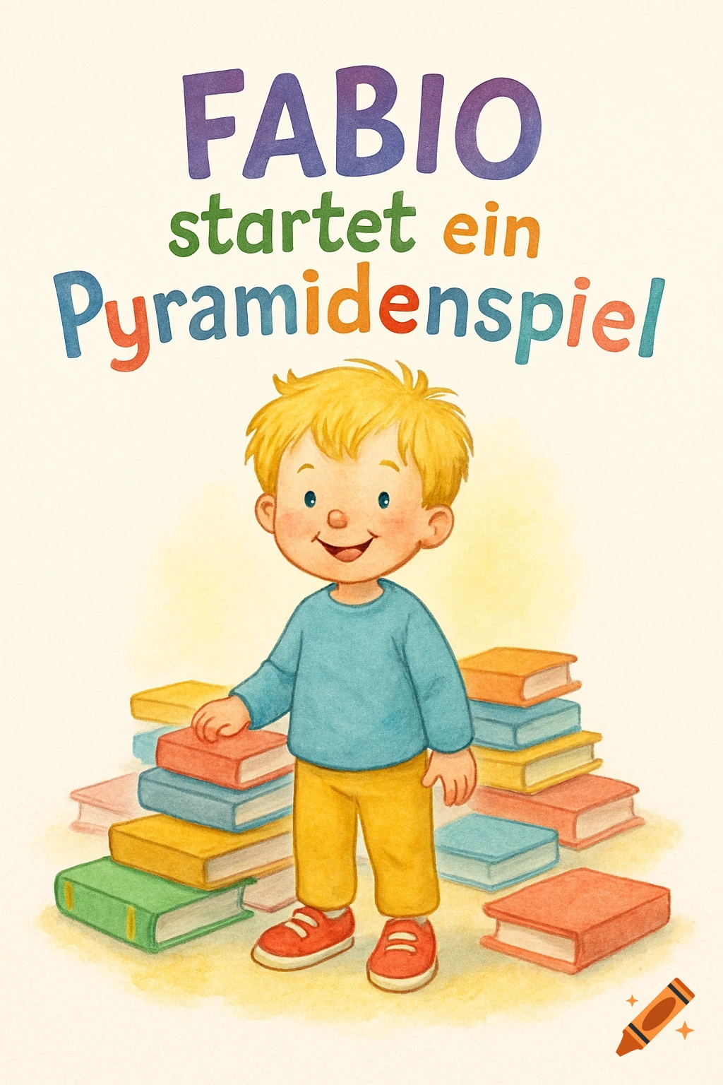 A hand-drawn children's book cover featuring a smiling blond boy named Fabio surrounded by colorful stacked books, with the title "Fabio startet ein Pyramidenspiel" above him in playful typography.
