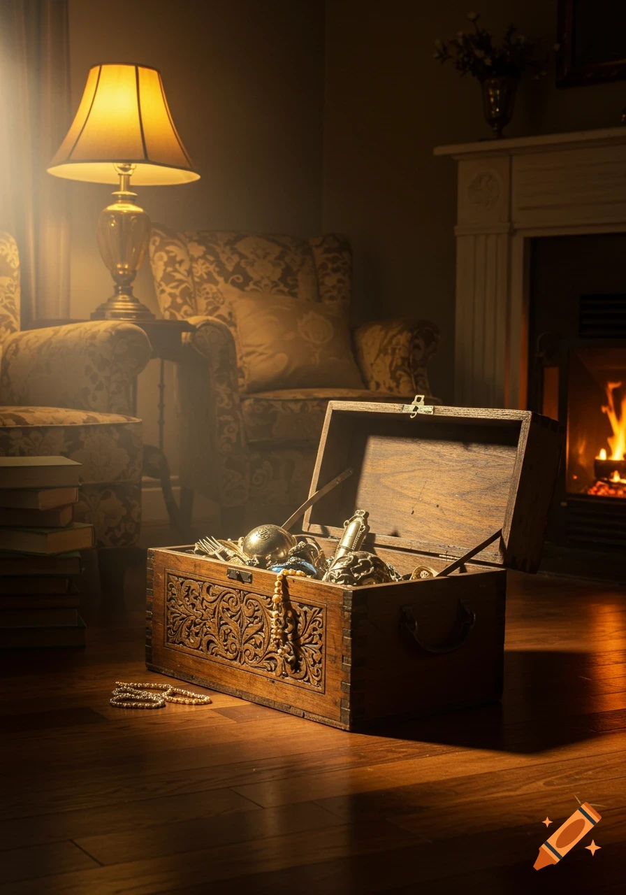 An opened ornate wooden treasure chest filled with gold and jewels sits on a polished wooden floor in a dimly lit room with a lamp and fireplace.