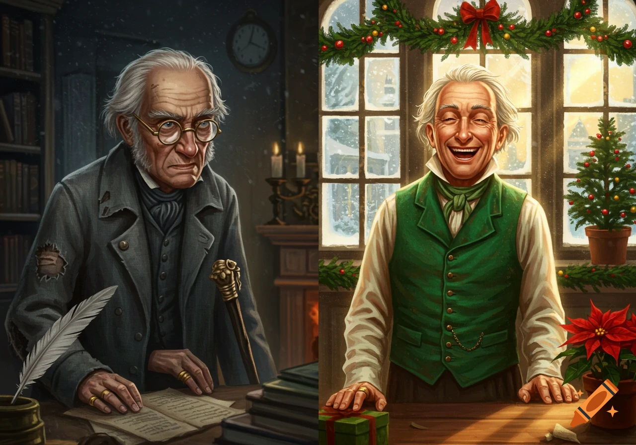 Miserable Scrooge in a dim office, contrasted with a joyful Scrooge in a festive Christmas setting.