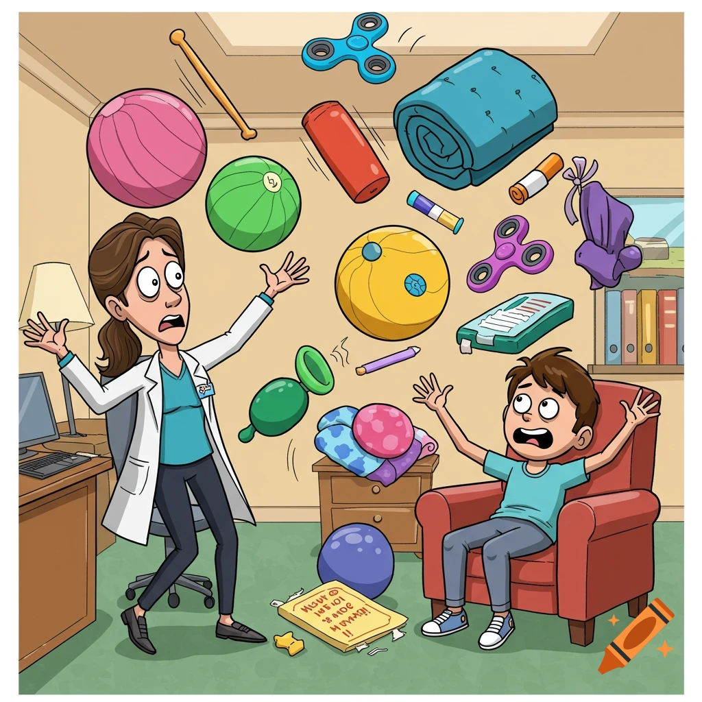 A cartoon therapist and child react with surprise as various colorful therapy tools fly and fall around them in a therapy room.
