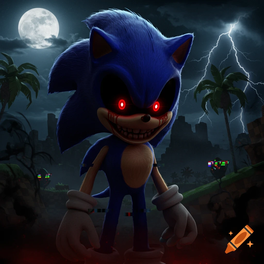 A menacing, blue Sonic.exe with glowing red eyes and bloody teeth grins in a stormy, dark landscape with lightning and glitch effects.