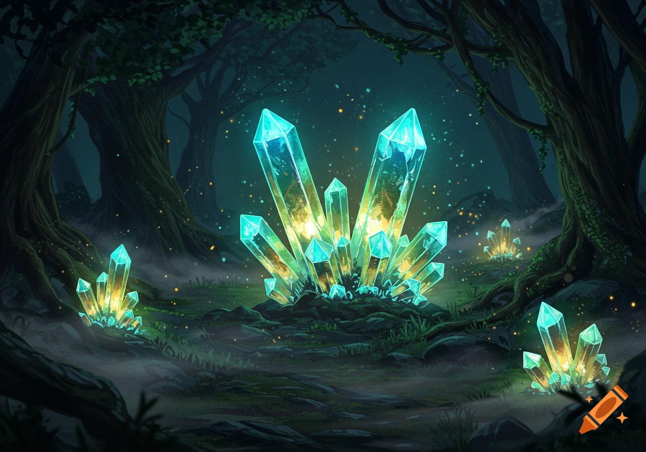 Glowing blue and yellow crystals illuminate a dark, mystical forest floor with ancient trees and scattered light in a stylized digital art.