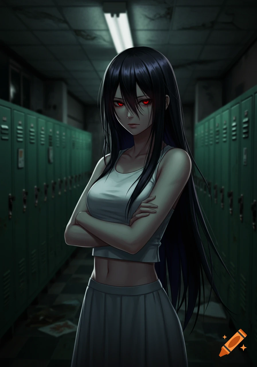 A cell-shaded anime woman with long black hair and red eyes, wearing a white crop top and skirt, stands with crossed arms in a dark school hallway with green lockers.