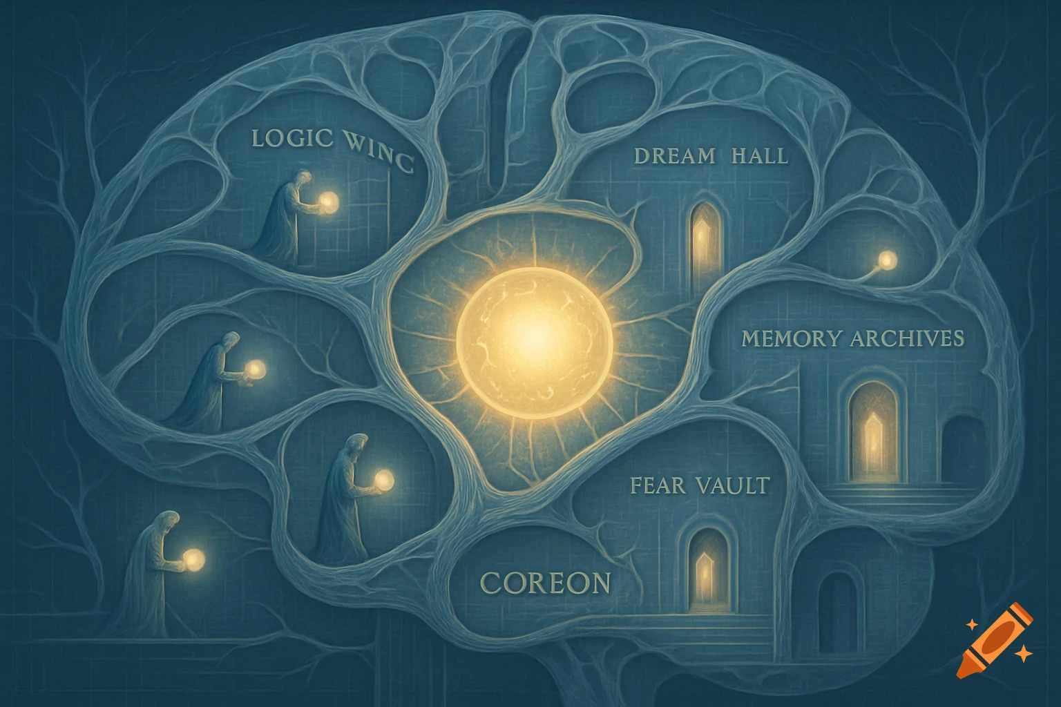 A stylized brain as an architectural blueprint with tree-like neurons, glowing orbs, hooded figures, and labeled rooms, in serene blue and gold.