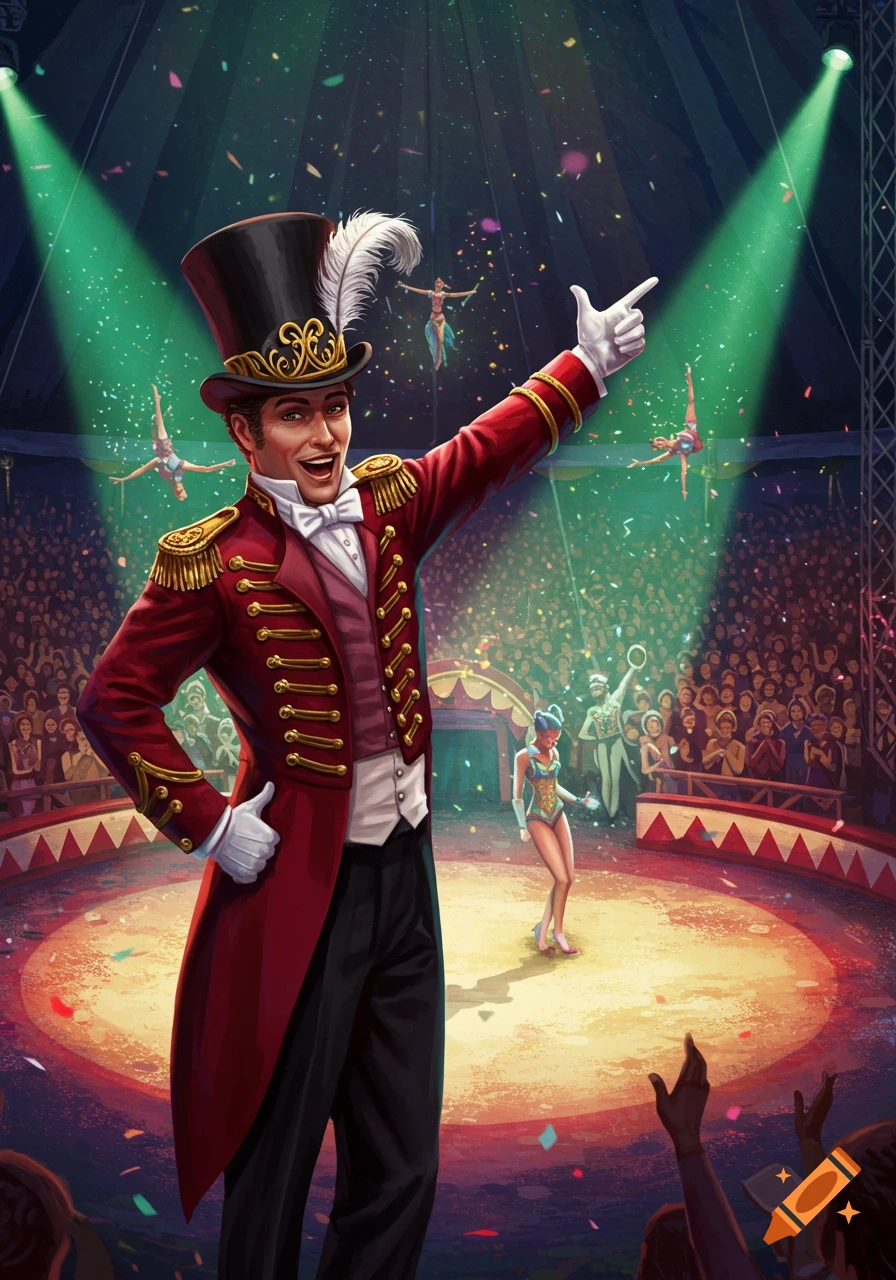 A smiling circus ringleader in a red coat and top hat points to the audience under spotlights, with acrobats performing in the background.