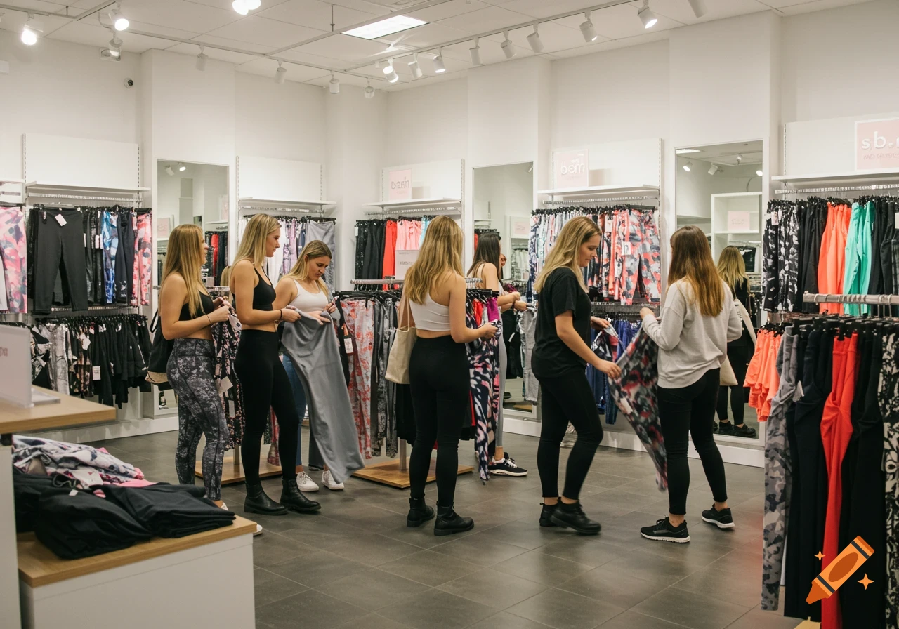 Seven young women shop for leggings and athletic wear in a brightly lit clothing store.
