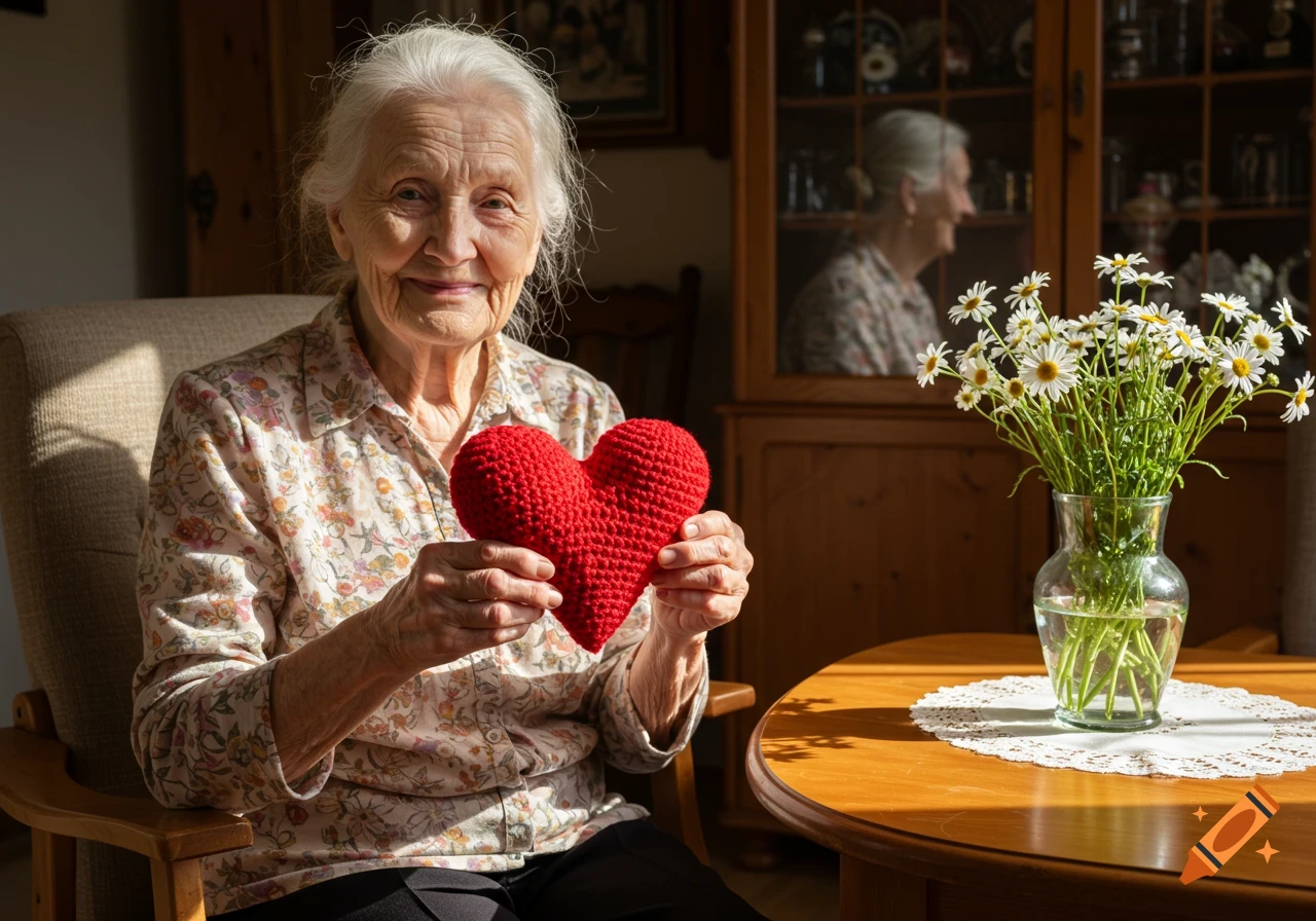 Photorealistic old woman smiles, holding a red knitted heart in a sunlit room with daisies on a table.