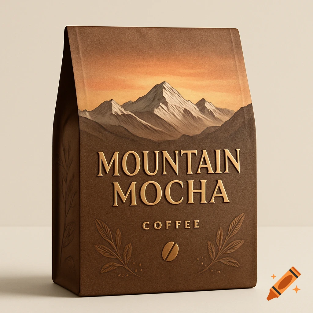 A brown coffee bag with golden 'MOUNTAIN MOCHA' text, an illustration of snow-capped mountains, and a coffee bean logo.