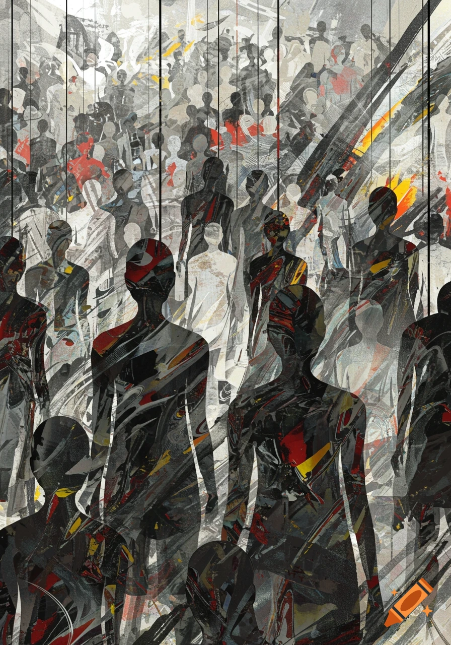 Abstract expressionist painting of a crowd of stylized, dark figures with red and yellow accents.