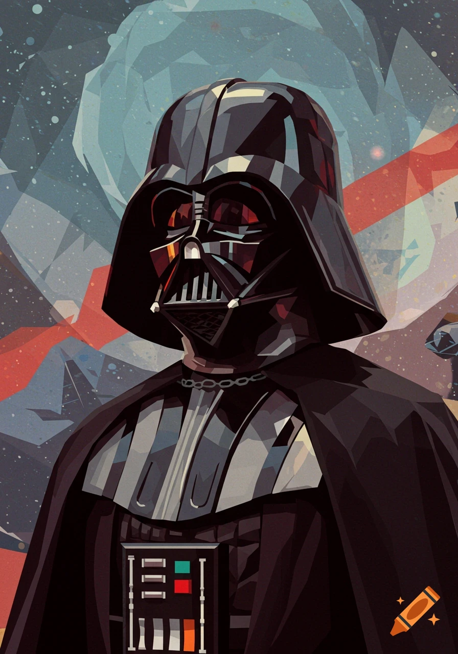 A cubist-style portrait of Darth Vader with geometric shapes and a red and blue abstract background.