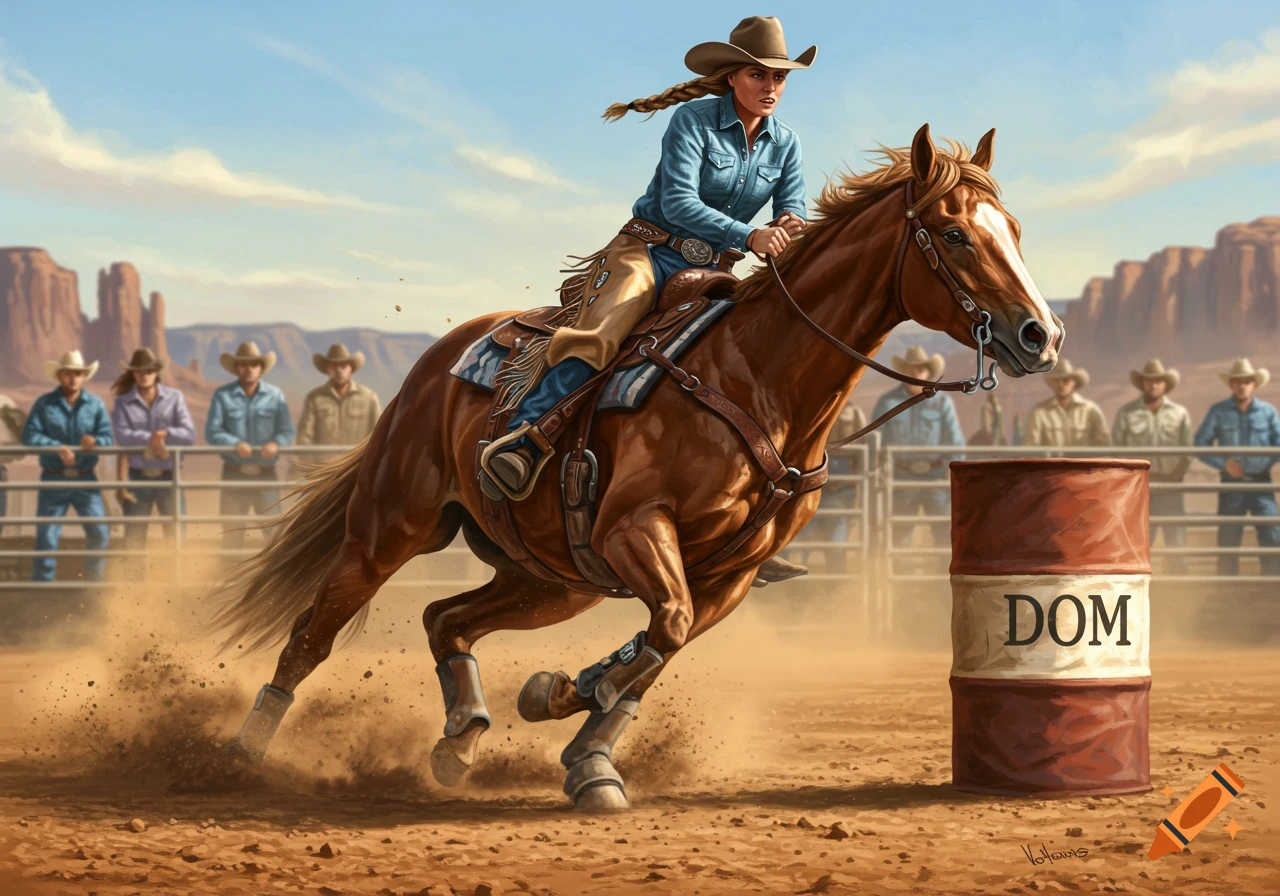 A dynamic illustration of a cowgirl on a brown horse during a barrel race, kicking up dust in an arena with spectators and mesa formations in the background. The barrel has 'DOM' written on it.
