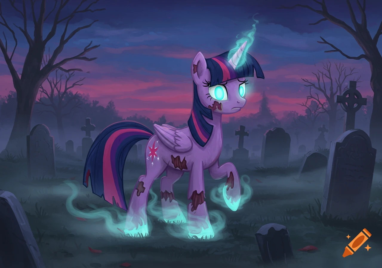 A cartoon zombie Twilight Sparkle with glowing eyes and horn stands in a foggy graveyard at dusk, surrounded by tombstones.