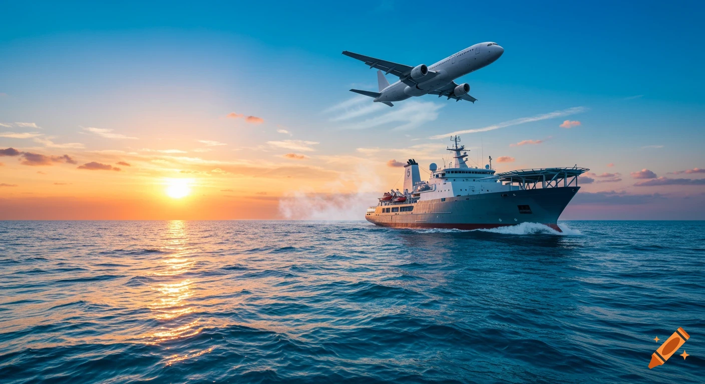 A large ship sails on a vast ocean with a passenger airplane flying overhead during a vibrant sunset, photorealistic.